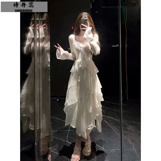 诗丹蕊法式温柔风白色雪纺连衣裙仙女春秋冬气质绝美不规则生日小礼服裙 白杏连衣裙 均码【可备注码数】