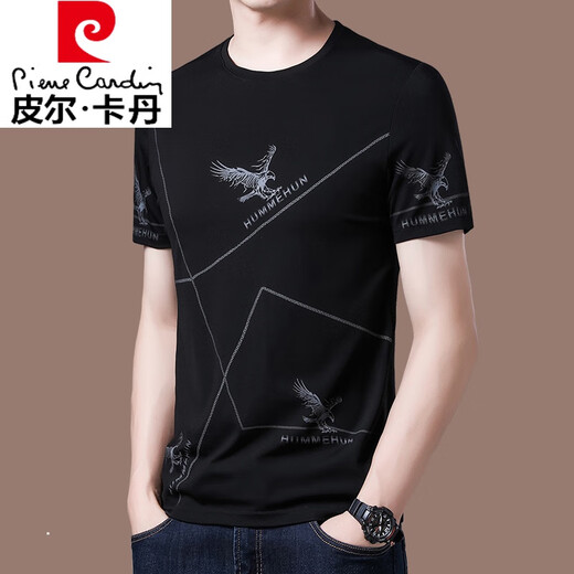 
Pier Cardin high-end pure cotton short-sleeved T-shirt for men for youth summer new slim-fitting trend printed half-sleeved round neck top for men H black QPS-6996 165/M (suitable for weights 90-120)