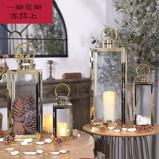 烛台 烛光晚餐欧式简约不锈钢轻奢烛台摆件金色银色防风风灯浪漫 6629L香槟金
