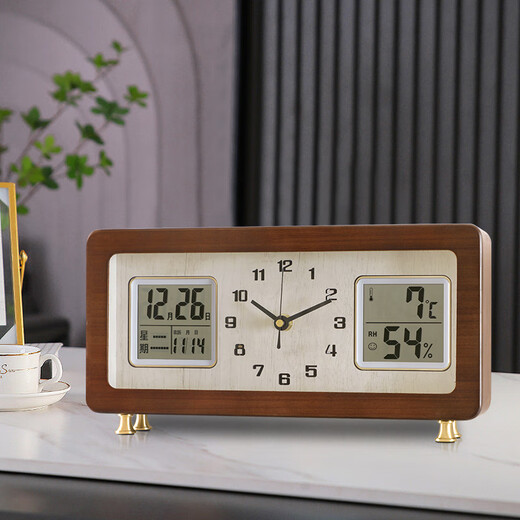 Combas solid wood desktop clock living room temperature and humidity perpetual calendar table clock brass leg clock 280 (32.5*17cm)