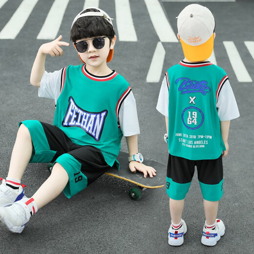 Happy Bell Boys Summer Wear Vest Shorts Sleeveless Suit 2020 New Summer Style Street Dance Big Children Western Style Handsome Fashion BT02061M Grass Green 130 Recommended Height 1.2 to 1.3 Meters