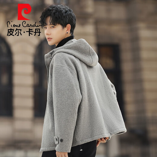 皮尔卡丹羊毛呢外套男士2024新款秋冬季加厚双面羊毛休闲连帽短款呢子夹克 灰褐色 XL 180