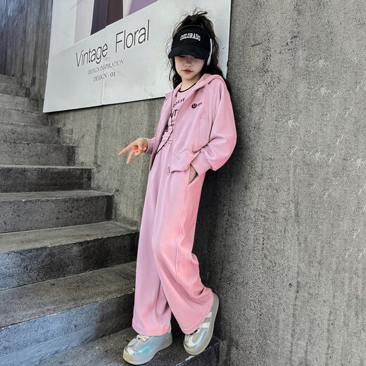 Baleinna Korean Girl Sweatshirt Set Spring and Autumn 2025 New Fashionable Children's Sports Leisure Pants Street Big Children's Three-Piece Set Green (Vest + Jacket + Pants) 160cm