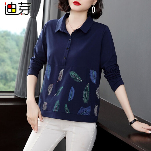 Diya long-sleeved T-shirt for women 2020 autumn new temperament POLO collar long-sleeved middle-aged mother's wear bottoming shirt for women casual versatile age-reducing t-shirt for women 9111 blue M