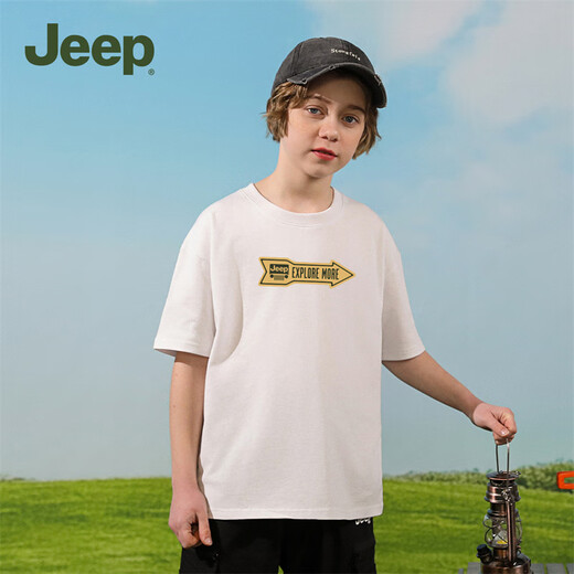 Jeep Kinder kurzärmeliges T-Shirt für 2025 Frühlings- und Sommer-neue pure Baumwolljungen und Mädchen loser Druck trendy kurzärmelig White-1349 140 [Empfohlene Höhe 135-145 cm]