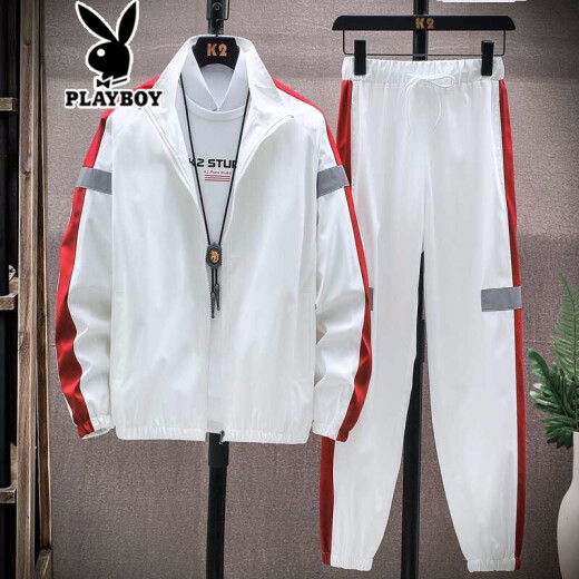 Playboy [Top + Pants Two-piece Set] Jacket Cardigan Set Men's Velvet Thickened Fashionable Simple Two-piece Set 99TZ801 White XXL