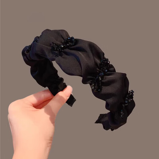 Idel's high-end black satin pleated rhinestone headband women's wide-brimmed pleated hairpin 2025 new versatile headband gift satin pleated rhinestone headband F2649