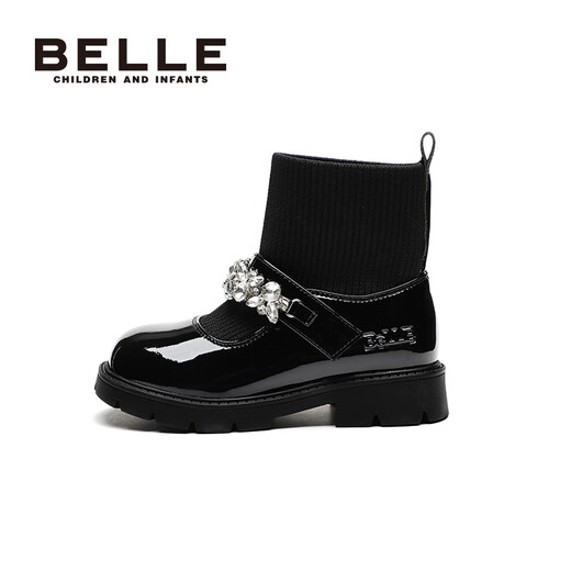 Belle Children's Shoes Girls Princess Boots 2024 Autumn Short Boots Mary Jane Shoes Stretch Socks Boots Obsidian Black 30