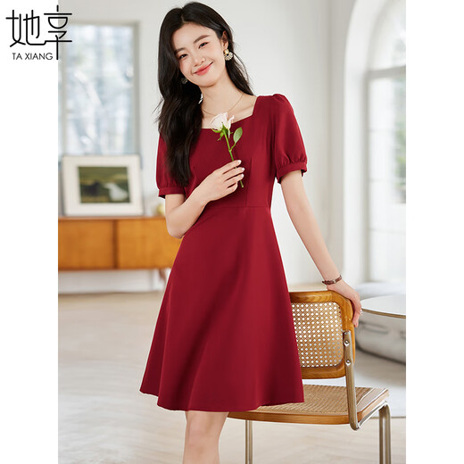 她享短袖连衣裙女方领赫本风小个子高级感时尚红色礼服裙子T143Q1426
