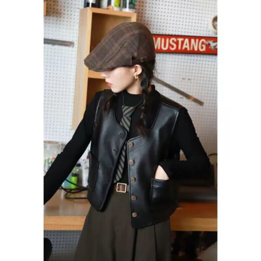 
Mancaoko vest women's fashionable PU leather vest spring and autumn short British retro vest round neck versatile simple and fashionable jacket, brown color_coffee 9893# round neck leather vest L__111-125Jin[Jin equals 0.5 kg]