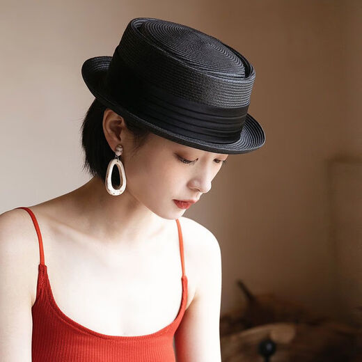 Gongbaicao elegant top hat French flat top hat spring and summer concave top rolled straw hat women's sun hat black hat 55-58cm adjustable