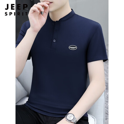 JEEP SPIRIT夏季立领男士短袖t恤纯棉简约百搭纯色半截袖男装休闲体恤衫纽扣 YPT200黑色 XL 建议130-145斤