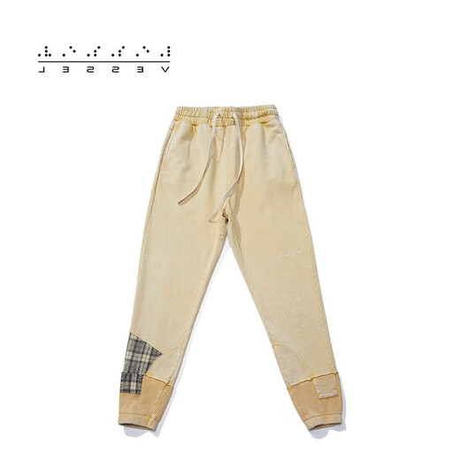 XVESSEL Waffle Plaid Trousers 破坏复古百搭潮流休闲格纹拼接长裤 拼接腰果花蓝色Y21X723B S