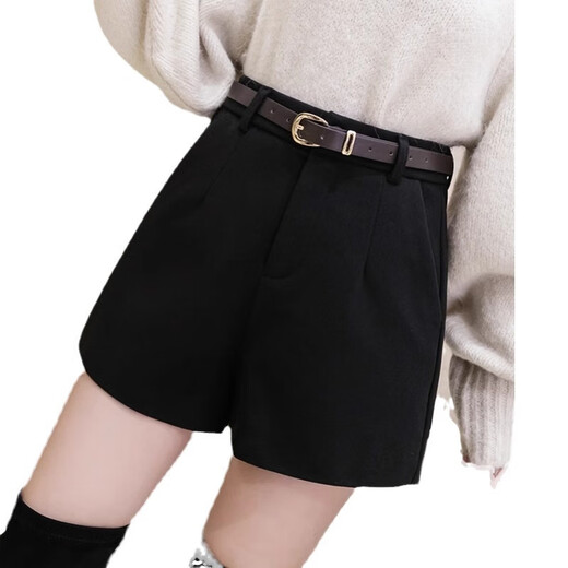 Quetong black suit shorts for women, autumn and winter Korean style outer wear leggings, fashionable high-waisted loose casual a-line wide-leg pants, black with lining L 105-115