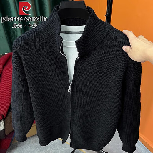 Pierre Cardin versatile solid color wool zipper cardigan men's knitted sweater autumn and winter new slim sweater jacket men stand collar outer wear black 165/M