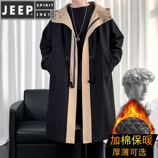 JEEP SPIRIT windbreaker boys spring and autumn hooded mid-length men's loose casual over-the-knee coat winter cotton thickened coat black 996-cotton S 90-100Jin Jin equals 0.5 kg