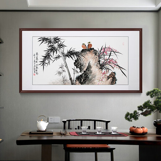 Han Aochun authentic hand-painted traditional Chinese painting, living room decoration painting, sofa background painting, study hanging painting, flower and bird bamboo orchid ink painting, orchid heart and bamboo to signify peace, with brown frame, mounting with solid wood frame, 165*85cm