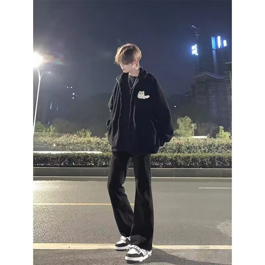 Haoshu denim boot-cut pants for men in autumn and winter black pants high street pants American loose straight drape boot-cut pants for men black L recommended 100-115 Jin Jin equals 0.5 kg