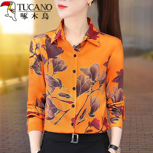 
Woodpecker shirt women's shirt women 2022 printed chiffon long-sleeved autumn new fashionable base floral professional outfit 3519_red S_suggested 80-95Jin[Jin equals 0.5 kg]
