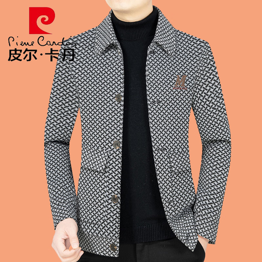 Pier Cardin woolen jacket for men short collar men's tweed jacket thickened warm middle-aged and elderly daddy suit knitted D21375 dark gray XL 180