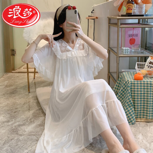 浪莎（LangSha）宫廷风公主睡裙夏季薄款甜美莫代尔睡衣蕾丝花边网纱冰丝家居服夏 W7371 2XL 【推荐140-155斤穿】