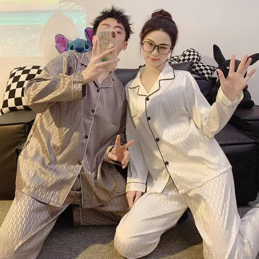 YIMENGTO Yimen Camel Couple Ice Silk Pajamas Men and Women Spring and Autumn Long Sleeve Plus Size 200 Jin Jin equals 0.5 kg Feeling Loose Homewear Set 8616 Female-8617 Male L Men's Style (100-120 Jin Jin equals 0.5 kg