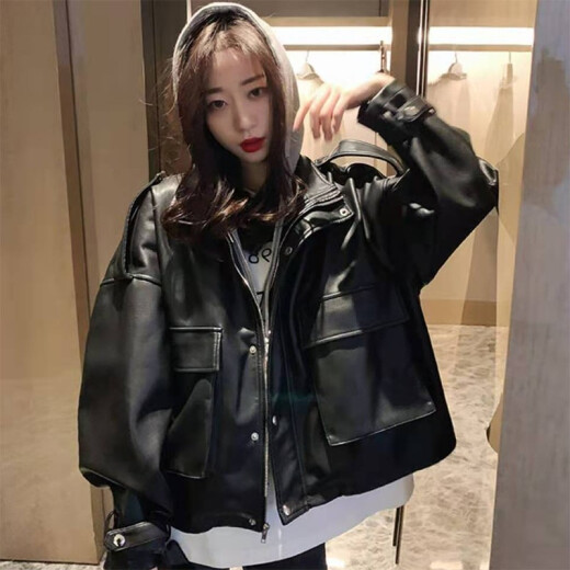 Yanyu Mengwan 2024 Spring Leather Jacket Women's Fake Two-Piece Korean Style Black Hooded Casual Small Motorcycle Leather Jacket Trendy Black [Regular Style] S [Recommended 110-125 Jin [Jin equals 0.5 kg]]