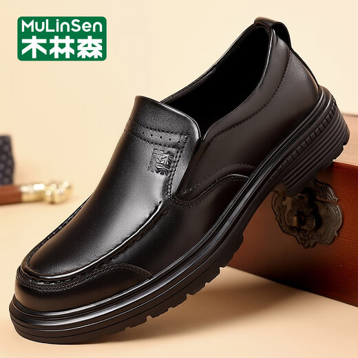 木林森（MULINSEN）皮鞋男真皮头层牛皮商务休闲鞋秋冬季圆头宽脚一脚蹬中老年爸爸鞋 DY-JB-WL9902黑色 40