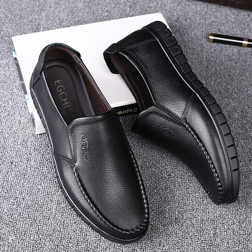 Echi (EGCHI) new business casual shoes men's leather shoes large size toe-layer cowhide middle-aged shoes 36274 black 42