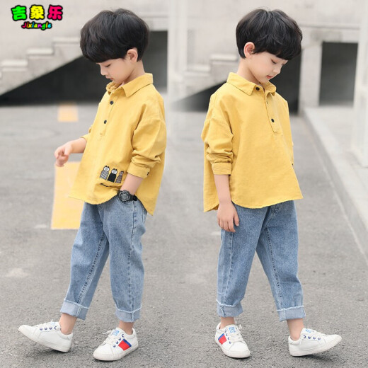 Jixiangle children's clothing boys' suits autumn clothing 2021 new medium and large children's western style two-piece children's suits boys long-sleeved shirt jacket jeans casual trendy clothing 3-12 years old yellow 130 size recommended height is about 1.25 meters