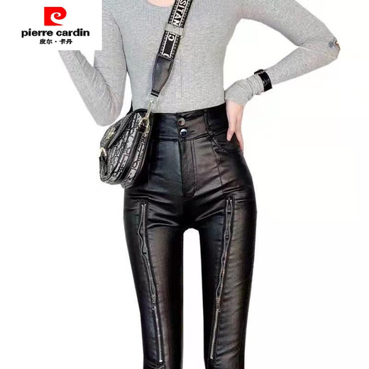皮尔卡丹（pierre cardin）加绒显瘦时髦拉链机车仿皮裤女冬新款韩版高腰修身百搭小脚裤 腿拉链皮裤【9928款】 加绒 S 【80-95斤】卡码往大拍