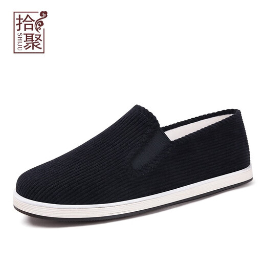 Shiju Spring and Autumn Style Men's Traditional Cloth Shoes Corduroy Breathable Comfortable Thousand-Layer Sole Old Beijing Cloth Shoes Men's Middle-aged and Elderly Dad 11301N52 Black 41