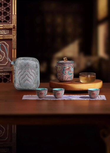 Minghuitong Five Characters and Six Ware Tea Set Enamel Gongfu Tea Set Blooming Flowers Jingdezhen Ruixiang Travel Pack with Gift Tea Set Travel Set 1 piece