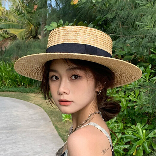 妙奕嘉草帽女沙滩帽海边帽子遮阳帽女士防晒帽夏季韩版凉帽百搭旅游女帽 平顶黑带ins风草帽