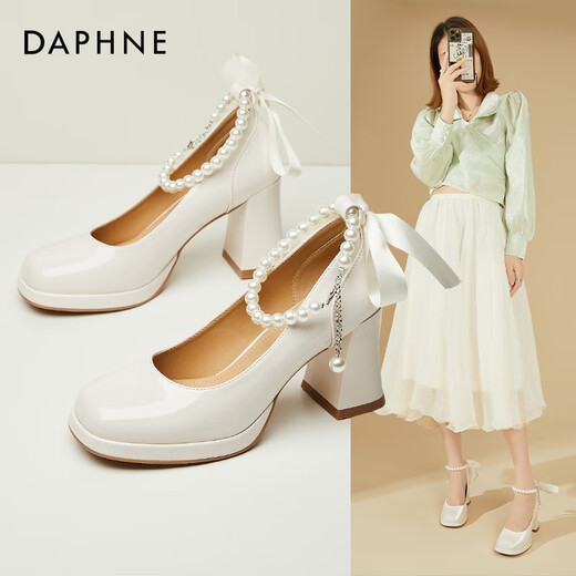 Daphne French thick heel single shoes women's bridesmaid Mary Jane shoes temperament high heels evening shoes 4623404078 beige 37