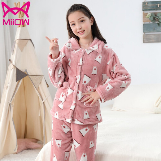 Catman Catman children's pajamas flannel boys medium and large children thick home clothes set magenta 150