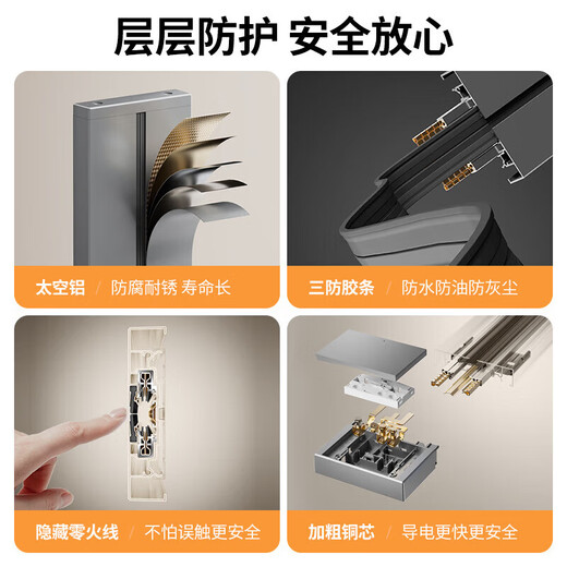 International Electrician Type 86 surface-mounted one-button power-off track socket home kitchen wall-mounted movable slide rail multi-position five-hole plug-in master control switch with USB fast charging source panel 50cm+3 five-hole black