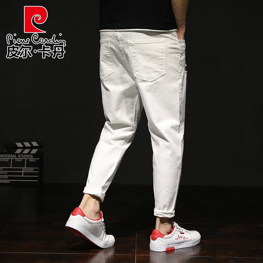 Pierre Cardin Spring Ripped Center Strick Jeans Herren Lose große weiße lässige Haremhose durcheinander trendige Füße weiß 29