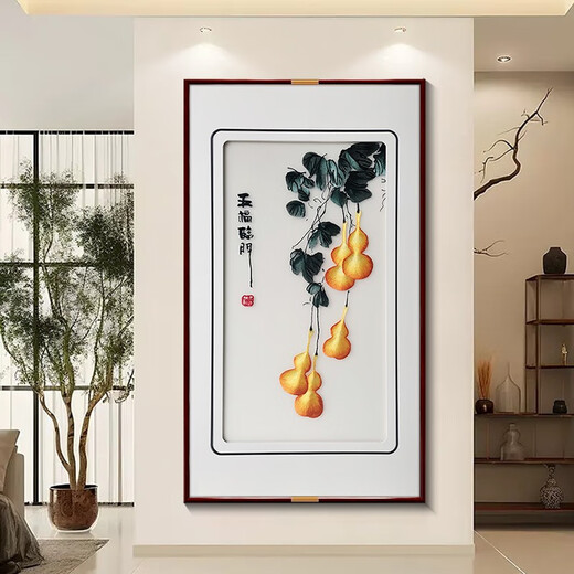 Zi Teng Suixuan Five Blessings Come to the Door Su Embroidery Finished Painting Entry Hall Decoration Painting Living Room Gourd Wall Painting Chinese Style Embroidery Mural Five Blessings Come to the Door (Default Brown) 70*123cm (Tempered Glass)