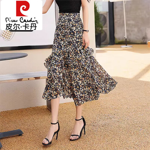 Pierre Cardin Falda floral para mujeres Summer NUEVO estilo fluido Fluciendo a la línea A-Línea Falda de pastel con volantes Irregular Color de longitud media 2 1289 Floral S