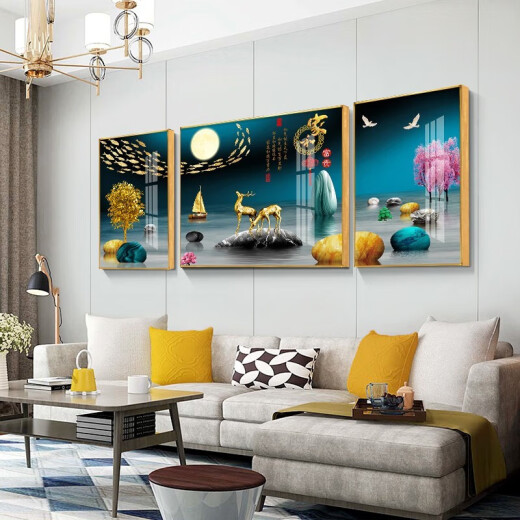 Tongdi Neues chinesisches Wohnzimmer Dekoration Malerei Sofa Hintergrund Wandmale moderne einfache Villa Hall Landschaft Malerei Dreifach hängende Gemälde 1 Familie und alles geht gut 12122 80*60 in der Mitte 40*60 auf beiden Seiten 40*60 schwarzer Rahmen (Kristallporzellanbilder)