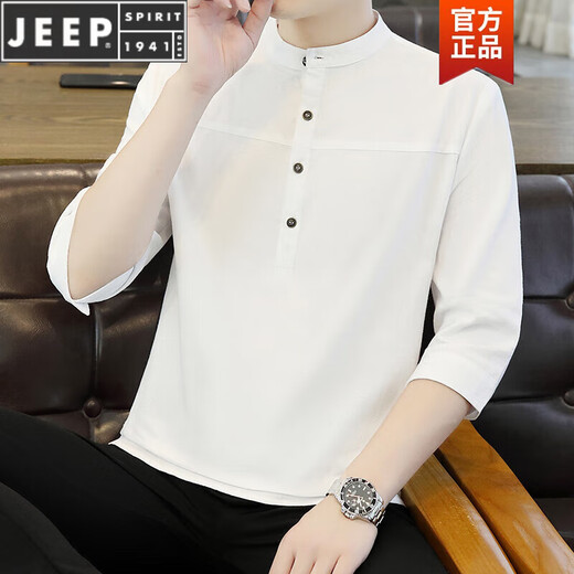 JEEP SPIRIT纯棉立领七分袖t恤男士夏季宽松军绿棉麻上衣服潮流体恤高档轻奢 灰色 2XL
