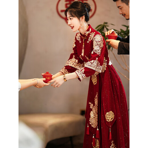 Ai Feilin new Chinese toasting dress cheongsam 2025 new burgundy Xiuhe dress bride wedding long-sleeved high waist slimming belly covering light Xiuhe dress 80 M