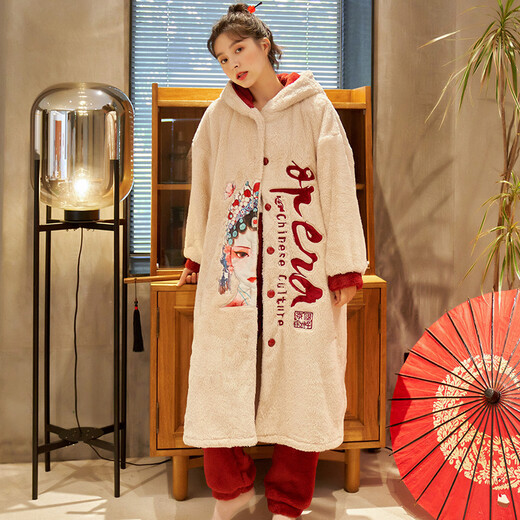 迪莉雅珊瑚绒睡衣女冬季加绒加厚睡袍中长款学生卡通秋款家居服两件套装 9913 L 码（建议100-120斤）