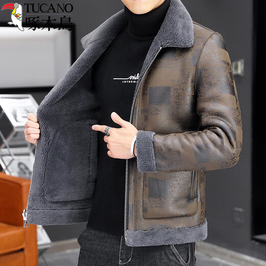 Woodpecker fur all-in-one jacket for men in autumn and winter 2025 new lamb wool lapel thickened high-end men's motorcycle leather jacket wool reversible Z1911-brown 4XL 160-175Jin Jin equals 0.5 kg