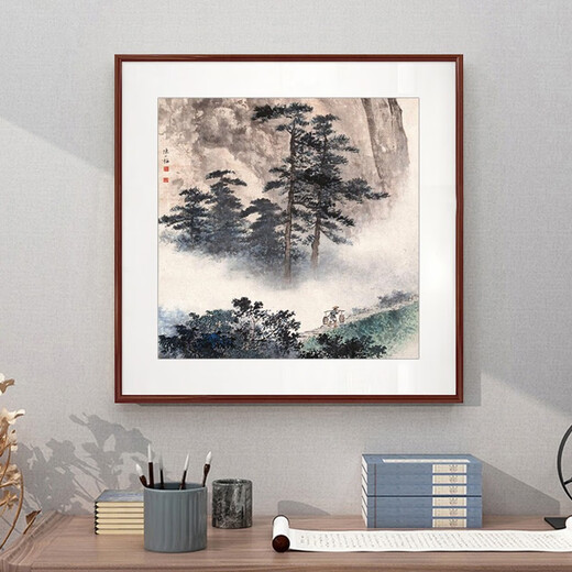 Original beauty ink landscape painting Zen hanging painting study tea room decoration painting new Chinese style living room wall painting landscape mural entrance hall D with frame size 40*40cm mahogany color frame