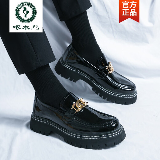 啄木鸟高端商务皮鞋男夏季英伦内增高厚底潮流亮面一脚蹬休闲百搭乐福鞋 3888黑色 39