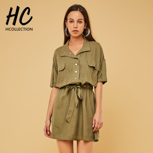 Hcollection2020 autumn new fashion loose casual trendy short-sleeved dress HRU2087 Yanjun green M