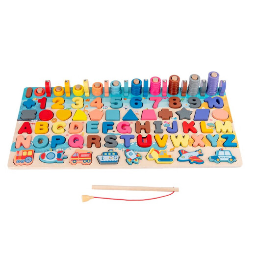 Jiuhao infant and toddler toys, baby early education toys, wooden building blocks, logarithmic board version, smart map, shape matching, number color pairing, cognition, 1-2-3 year old boys and girls, numbers + letters + fishing + shapes + airplanes + cars [seven-in-one teaching]