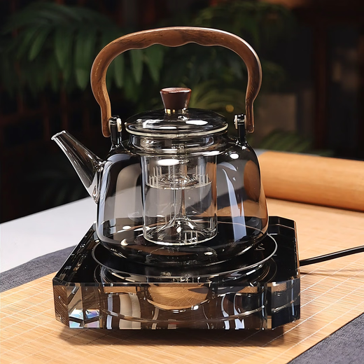 Full-length heat-resistant glass teapot, wooden handle and handle, steaming all-in-one, light luxury high-end electric ceramic stove tea maker, making tea around the stove, wood grain handle and handle kettle ash + Fuxitang silent pottery stove